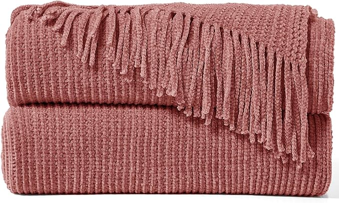inhand Knitted Coral Pink Throw Blanket for Couch Bed,Chunky Chenille Woven Soft Warm Christmas Blankets Gifts for Women with Tassels, Cozy Boho Farmhouse Fall Winter Decor,50"x60",Medium Thick