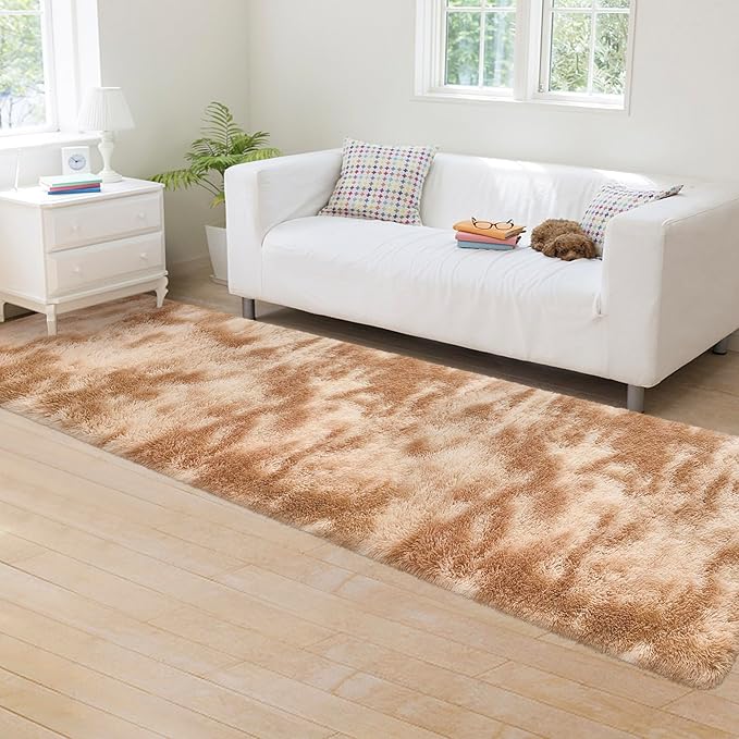 Super Soft Fluffy Living Room Area Rugs 2x8 ft Tie-Dyed Beige Shaggy Furry Carpet Washable Non-Slip Floor Rug Bedroom Bedside Nursery Rug Fuzzy Girls Boy Reduce Noise Dorm Home Decor