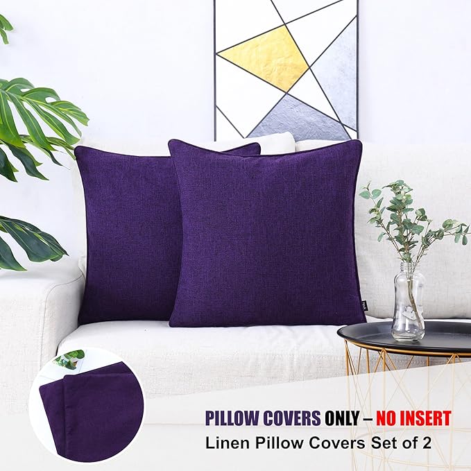 HPUK Linen Throw Pillow Covers Pack of 2, 18x18 Inch Accent Cushion Covers for Living Room, Bedroom, Decorative Solid Color Pillow Covers for Couch, Sofa, Chair, Purple