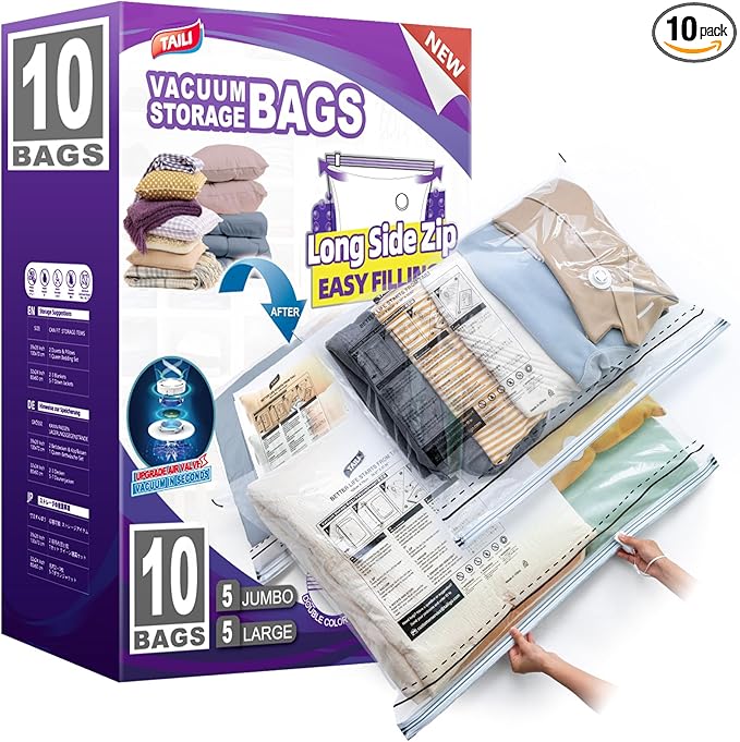 TAILI 10 Pack Vacuum Storage Bags, LONG SIDE ZIP (5 Large+5 Jumbo), Multi-Size Vacuum Seal Bags for Clothing, Storage Bulky Beddings, Comforters and Clothes, Space Saver for Closet Organization