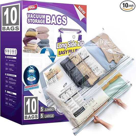TAILI 10 Pack Vacuum Storage Bags, LONG SIDE ZIP (5 Large+5 Jumbo), Multi-Size Vacuum Seal Bags for Clothing, Storage Bulky Beddings, Comforters and Clothes, Space Saver for Closet Organization