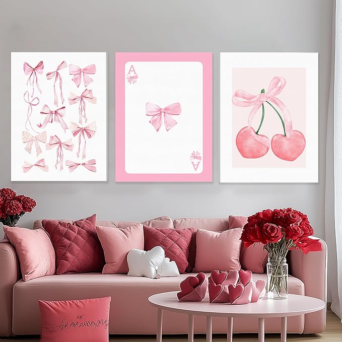 WRFON Trendy Pink Bows Canvas Wall Art, Vintage Preppy Cherry Poster Prints, Pink Watercolor Bows Wall Decor, Coquette Girly Room Aesthetic Pictures for College Apartment Bedroom Framed 12"x16"x3
