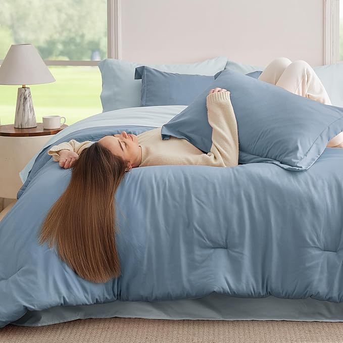 Bedsure Full Size Comforter Set - 7 Pieces Grayish Blue Full Bedding Set for All Seasons, Boho Contrasting Design Bed in a Bag with Comforter, Sheets, Pillowcases & Shams