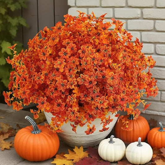 SHareconn 20 Bundles Artificial Fall Flowers for Outdoors Decoration, Fake Silk Daisy Realistic Faux Plants UV Resistant for Planter Home Porch Patio Autumn Indoor Outside Decor, Sunset Red Orange