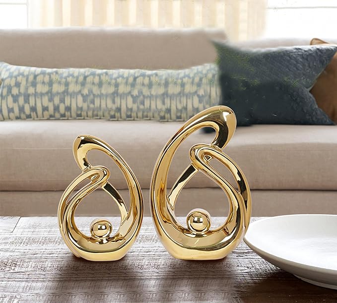 2 Pcs Gold Home Decor Accent Ceramic Statue Table Sculpture Decorations Abstract Art Mid Century Modern Centerpiece for Dining Room Living Room Bedroom Shelf Office Coffee Table Golden Decor