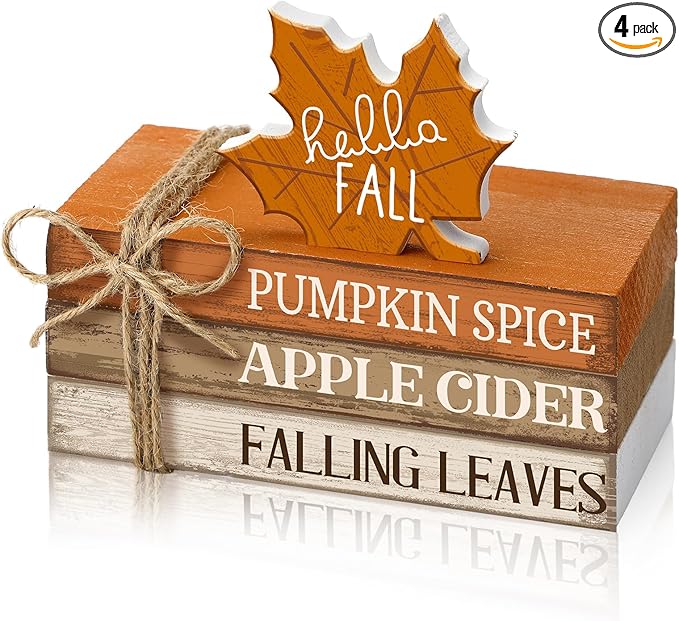 4 Pcs Fall Decorations for Home Fall Tiered Tray Decor Thanksgiving Wood Book Stack with Sign Autumn Stacked Book Decor Bundle for Office Table Shelf Decorative Trays(Maple Leaf)