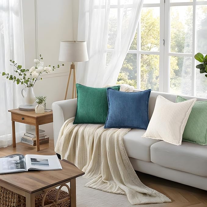 Mecatny Corduroy Throw Pillow Covers 20x20 Set of 2, Neutral Decorative Soft Boho Couch Pillow Covers with Broadside for Sofa Living Room, Sage Green
