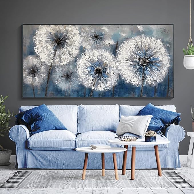Pogusmavi Dandelion Wall Art Blue Wall Decor Painting Living Room Plant Pictures Framed Paintings for Wall Decorations Artwork for Walls Dining Room Decor 29x58 Black Framed