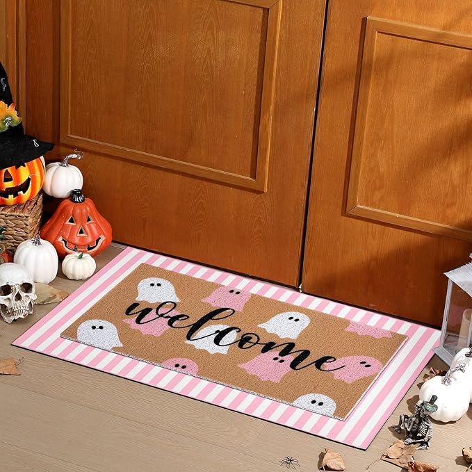 2 Pcs Halloween Door Mat Ghost Welcome Non Slip Coir Mats Pink White Stripe Floor Layering Doormats Seasonal for Front Porch Entryway Decor(Pink White Ghost)