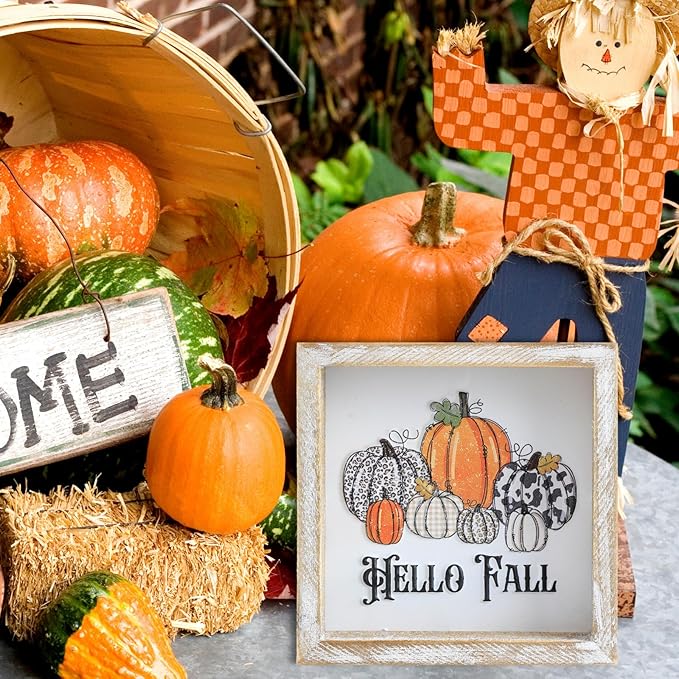 Embossed Pumpkin Sign, Farmhouse Autumn Decorations, Wooden Fall Tiered Tray Decor for Shelf Cubicle Desk Mantel, Rustic Thanksgiving Table Decor