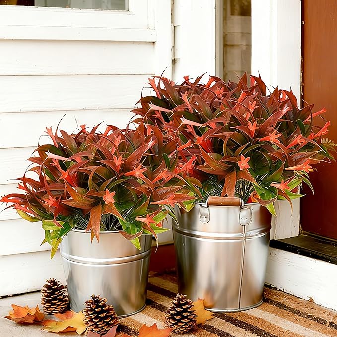 Uieke 12Pcs Artificial Fall Flowers for Outdoors UV Resistant Fake Fall Flowers Plastic Morning Glory Fall Plants Shrubs for Home Outside Window Box Planter Fall Décor (Autumn Red)
