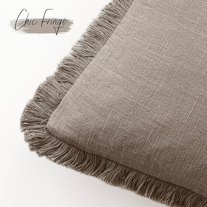 Foindtower Set of 2 Decorative Linen Fringe Throw Pillow Covers Cozy Boho Farmhouse Cushion Cover with Tassels Soft Accent Pillowcase for Couch Sofa Bed Living Room Home Decor,26×26 Inch,Brown Tan