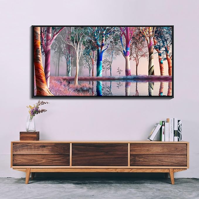 KLAKLA Extra Large Canvas Paintings Wall Art - Fantasy Wooded Wild Lakes Red Pink Room Decor Rainbow Artwork Framed Picture for Living Room Bedroom Decoration