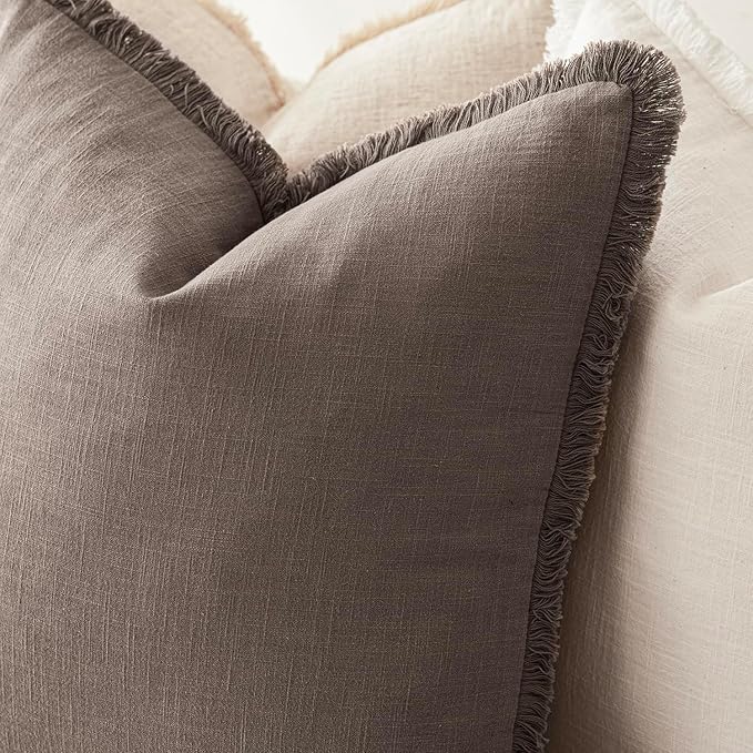 Foindtower Set of 2 Decorative Linen Fringe Throw Pillow Covers Cozy Farmhouse Cushion Cover with Tassels Accent Pillowcase for Couch Chair Sofa Bed Living Room Home Decor,22×22 Inch,Light Coffee