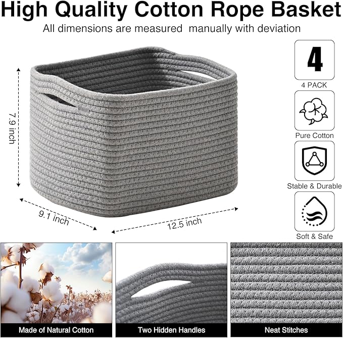 Small Storage Baskets for Shelves Organizing, Woven Cotton Rope Baskets for Storage, Book Basket, Decorative Shelf Basket, 12.5"Lx9.1''Wx7.9''H (4 Packs) Grey