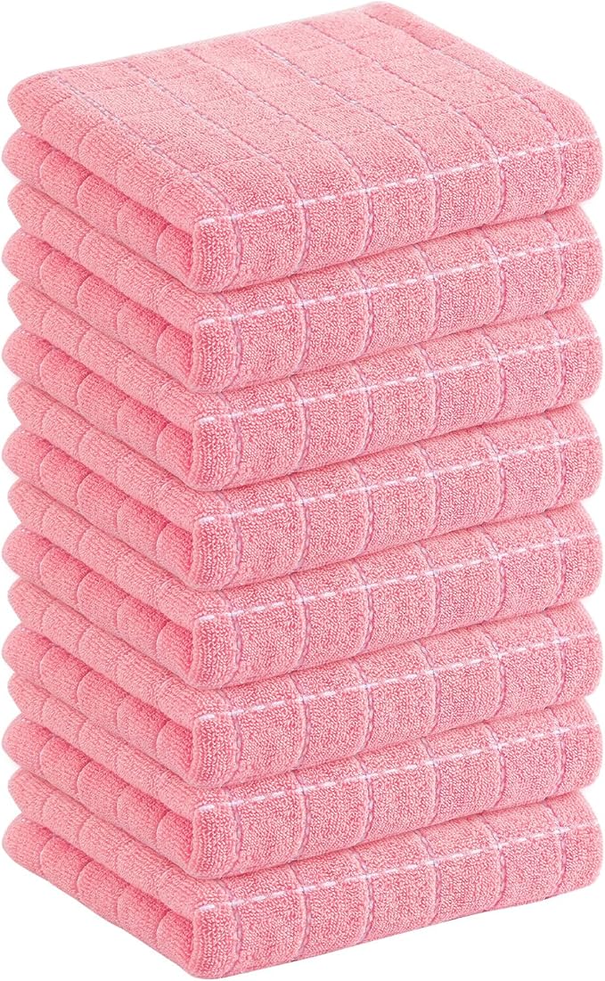 Homaxy 100% Cotton Terry Kitchen Towels(Pink, 13 x 28 inches), Checkered Designed, Soft and Super Absorbent Dish Towels, 8 Pack