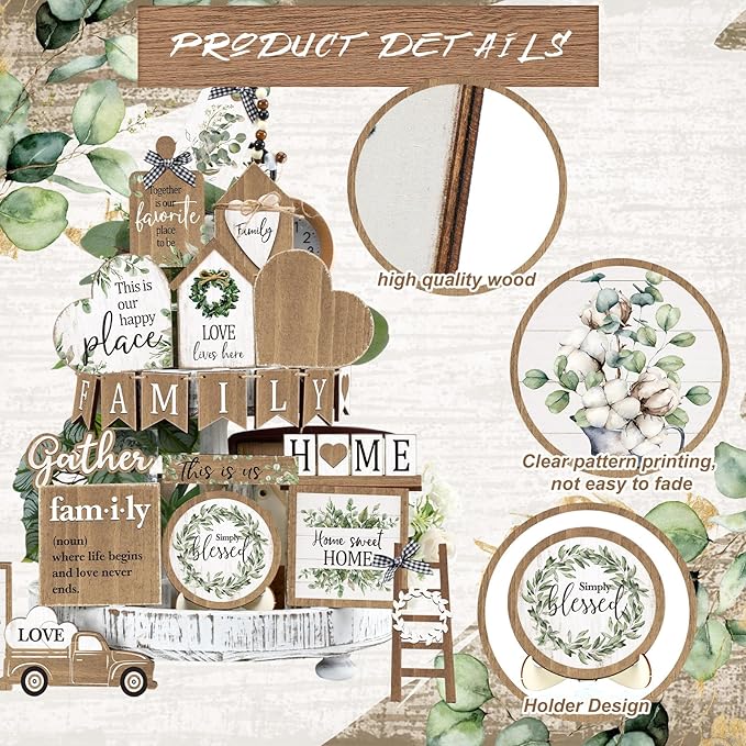 Yaomiao 21 Pcs Farmhouse Tiered Tray Decor Set Rustic Farmhouse Wood Decor Sign Item Vintage Rustic Family Gather Blessed Tiered Tray This is Our Happy Place Sign for Home Kitchen Table Shelf(Leaves)