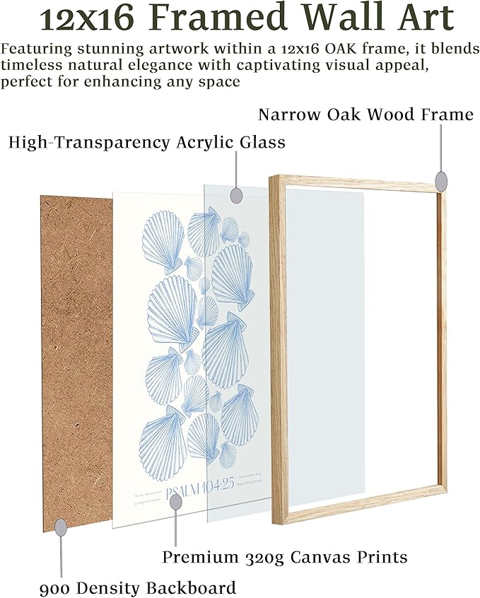 EcoHest Christian Bible Verse Framed Wall Art, 12x16 in OAK Wood Trendy Seashell Nautical Scripture Quote Canvas Wall Art, Psalm 104:25 Home Decor, Beige Logs Set of 1 for Bedroom Living Room