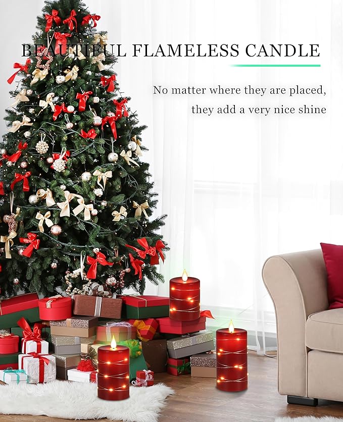 Da by Red Flameless Candles with String Lights, Battery Operated Candles with Remote Control and Timer,Flickering LED Pillar Candles for Home Décor,Real Wax,3 Pack -Red