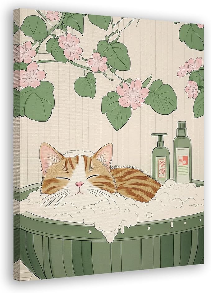 FITIE Funny Orange Tabby Cat Bathroom Canvas Wall Art Poster, Vintage Japanese Aesthetic Floral Cat Framed Artwork Prints Wall Decor for Bathroom Half Bath Washroom, 11x14 Inch