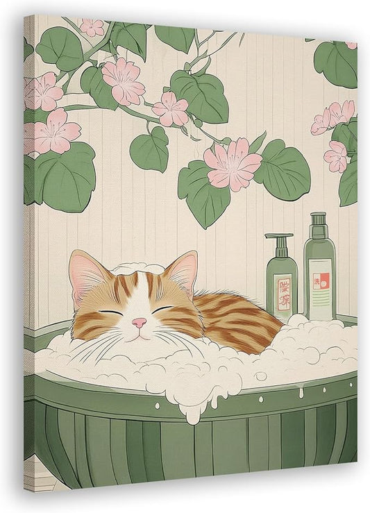 FITIE Funny Orange Tabby Cat Bathroom Canvas Wall Art Poster, Vintage Japanese Aesthetic Floral Cat Framed Artwork Prints Wall Decor for Bathroom Half Bath Washroom, 11x14 Inch