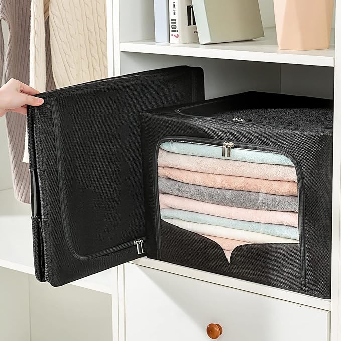 3 Pack Clothes Storage Bins Foldable Metal Frame Storage Box Stackable Linen Fabric Organizer Set with Carrying Handles and Clear Window (Black, 15.7x11.8x7.8inch(22L))