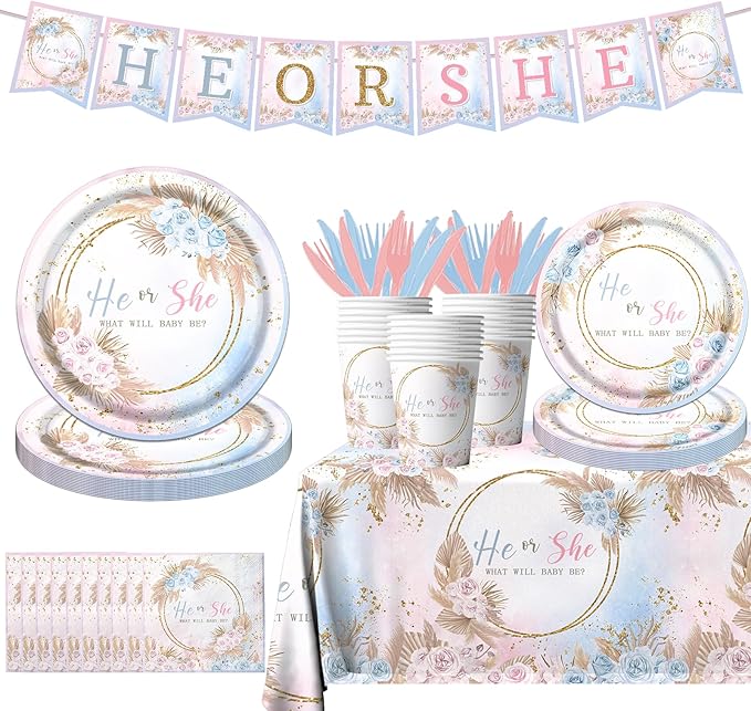Boho Baby Shower Decorations - 142Pcs Gender Reveal Plates,Napkins,Tablecloth He or She What Will Baby Be Party Tableware for Boy or Girl Gender Reveal,Neutral Baby Shower Party Supplies