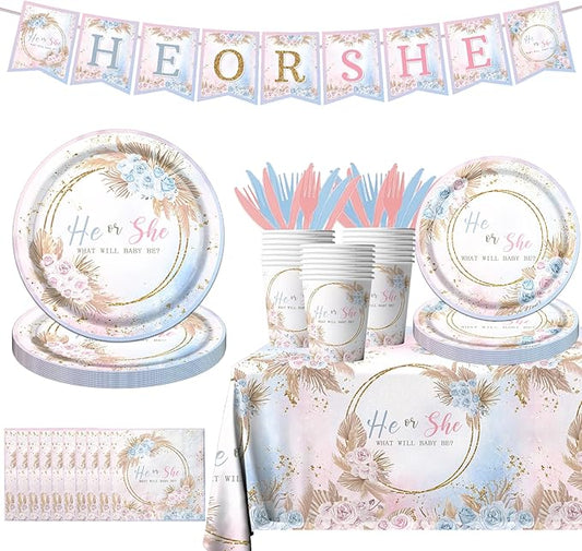 Boho Baby Shower Decorations - 142Pcs Gender Reveal Plates,Napkins,Tablecloth He or She What Will Baby Be Party Tableware for Boy or Girl Gender Reveal,Neutral Baby Shower Party Supplies