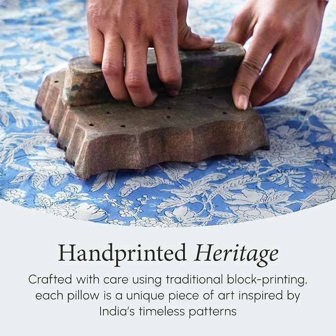 CPC 100% Cotton Throw Pillow Covers 20x20 Inch, Set of 2 Blue Block Print Pattern Couch Pillow, Cute Boho Decorative Pillows for Living Room, Bedroom with Hidden Zipper- Blue Sapphire