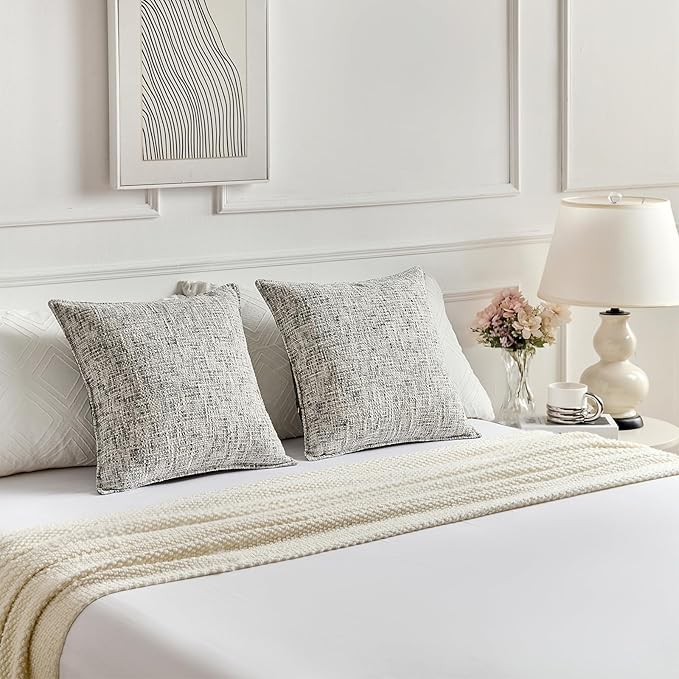 FUTEI Black Decorative Throw Pillow Covers 24x24 Inch Set of 2,Soft Chenille Tweed Textured Euro Pillow Shams,Modern Home Decor for Couch Bed Living Room