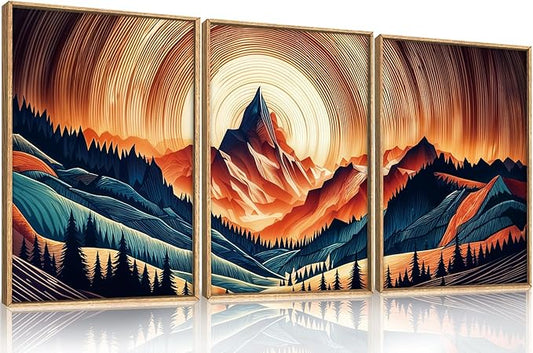 HOURIA Woodland Mountain Framed Canvas Wall Art Set,Natural Boho Tree Ring Wall Decor,Vintage Earth Tone Forest Landscape Artwork,Wilderness Field Art Print For Living Room,Bedroom,Office-16 x24 x3