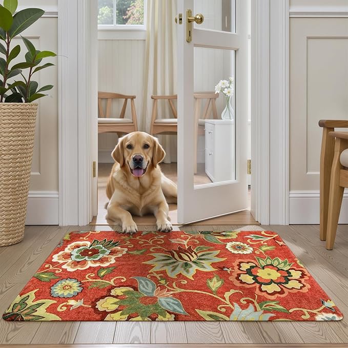Lahome Red Kitchen Rugs - 2'x3' Small Entryway Rug Washable Kitchen Mat, Non Slip Area Rug Throw Modern Floral Rugs Door Mat for Bathroom Bedroom