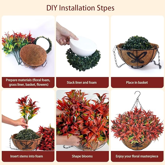 Uieke 2PCS Artificial Hanging Flowers for Outdoors with Hanging Basket, 22.8" 10pcs UV Resistant Fall Faux Flowers, Fake Hanging Plants for Autumn Garden Porch Patio Balcony Decoration