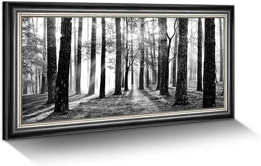 Black and White Forest Canvas Art: Framed Tree Sunshine Wall Painting Nature Foggy Landscape Prints for Living Room