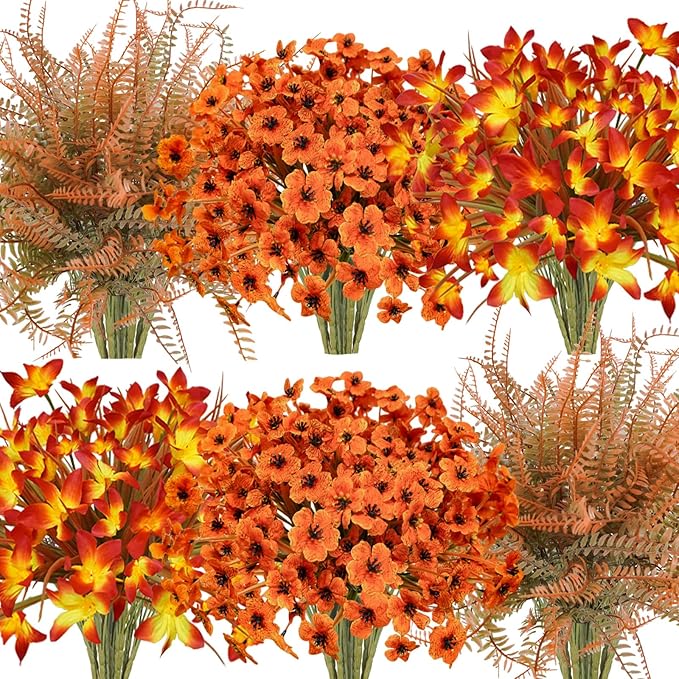 64Pcs Fall Flowers Outdoor Faux Fall Flowers Plants UV Resistant Autumn Artificial Plastic Flowers Greenery Fall Decoration for Outside Home Porch Patio Thanksgiving Decoration