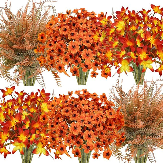 64Pcs Fall Flowers Outdoor Faux Fall Flowers Plants UV Resistant Autumn Artificial Plastic Flowers Greenery Fall Decoration for Outside Home Porch Patio Thanksgiving Decoration