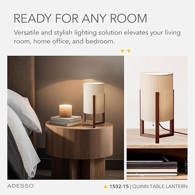Adesso Quinn Table Lantern - Walnut Birch Wood & Natural Linen Shade – Perfect Nightstand, End Table, and Desk Lamp
