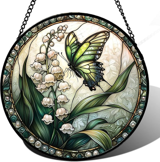 Stained Glass Window Hanging, Lily of The Valley Flower Butterfly Suncatcher for Doors Home Sun Catchers Decoration and Christmas, Mother's Day Birthday Gifts for Women, Men, Mom 14.9x14.9 in