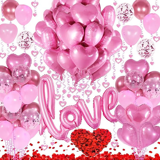Pink Valentines Day Decorations with Heart Balloons and Love Balloon, Fake Rose Petals for Wedding Decor, Anniversary Decorations Romantic with Pink Latex Balloons and Heart Hanging
