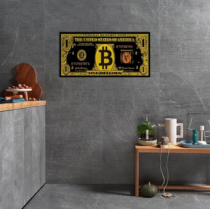Black Golden Bitcoin Wall Art Canvas Paintings Modern Home Decor Money Artwork Vintage Nordic Western Paintings Wooden Framed Ready to Hang-32x16 inches