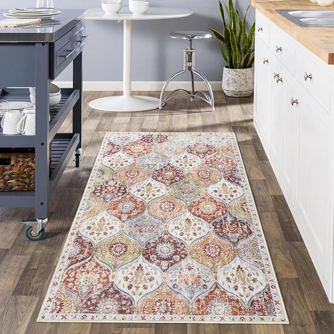 Lahome Moroccan Trellis Washable Small Area Rug, 3x5 Black Rug for Bedroom Living Room, Non-Slip Oriental Accent Throw Carpet for Kitchen Office Entryway Bathroom Office, Orange/Terracotta