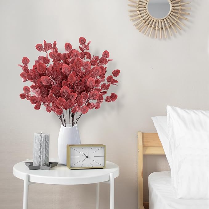 Sggvecsy Artificial Eucalyptus Leaves, 6 Pieces, 35.43 Inch Long, Red Color, Plastic and Silk Material, Easy to Bend and Adjust