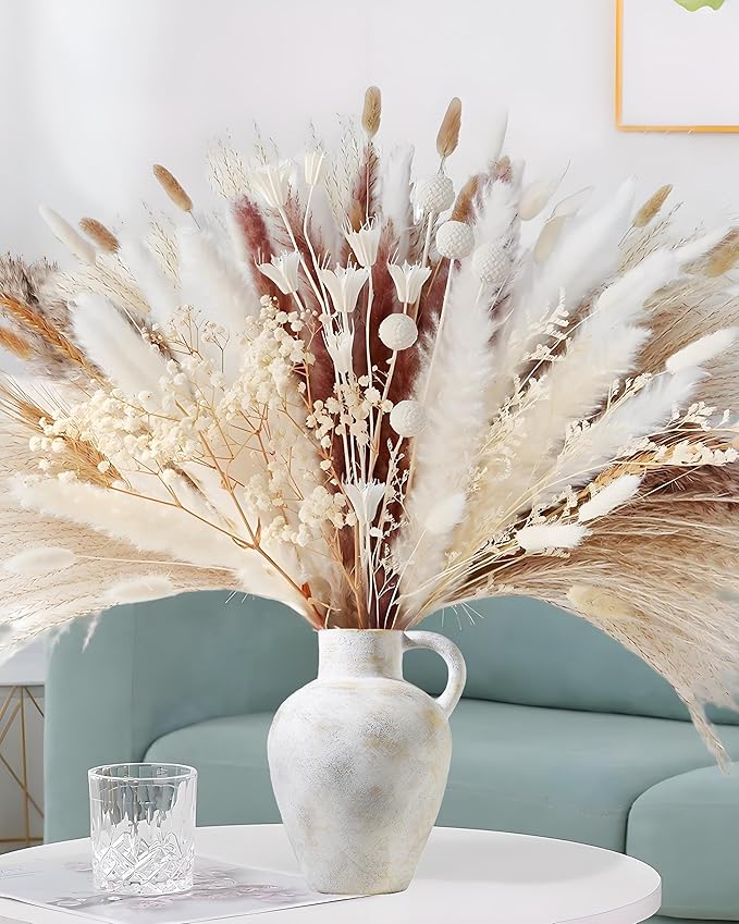 9 in Rustic Ceramic Farmhouse Vase with 1 Handle,Glazed Beige and Yellow Vintage Pottery Jar with Black Distressed Eroded Texture Finish,Boho for Home Decor,Tabletop,Mantel,or Living Room