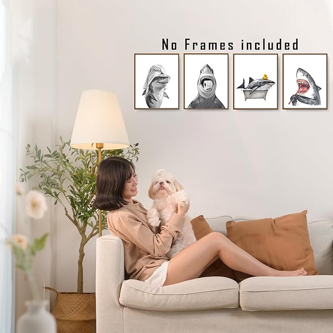 FITIE Funny Shark Bathroom Wall Art Posters Set of 4, Ocean Shark Bathroom Decor, Coastal Beach Humorous Sea Animal Sharks Canvas Prints Artwork Wall Decor for Bath Wash Room, 8x10 Unframed