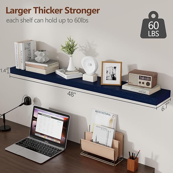 Dark Blue Floating Shelves 48 Inch, Solid Wooden Wall Shelves Set of 2, Rustic Floating Wall Shelves for Decor & Storage for Living Room Bedroom Bathroom