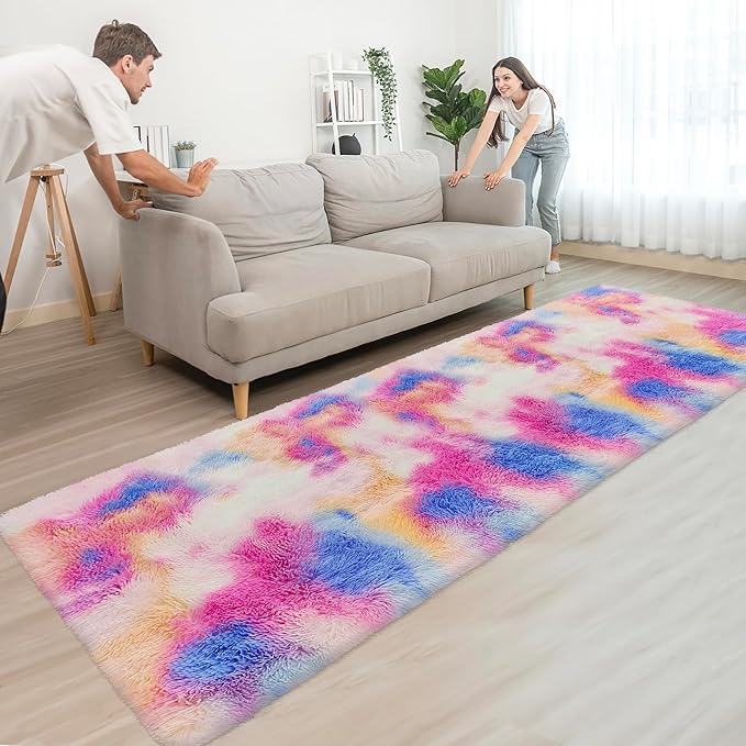 Fluffy Colorful Rug for Bedroom 3x10 ft Kawaii Tie-Dyed Area Rug Non Slip Cute Unicorn Kids Runner Rug for Girls Princess Teens Living Room Playroom Baby Nursery Decor Carpets