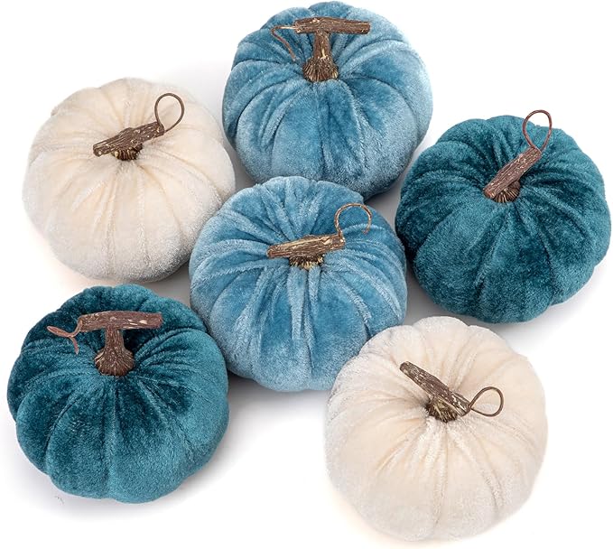 Briful Fall Pumpkins Decoration for Home, 6PCS Blue and White Velvet Fake Pumpkin Decor for Autumn Harvest Thanksgiving Halloween Table Centerpiece Tier Tray Shelf Farmhouse Decoration(4 Inch)