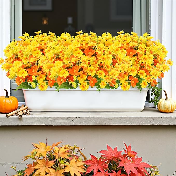 Uieke 24 Bundles Artificial Fall Flowers for Outdoors Fake Daisy Mums Flowers UV Resistant Autumn Flowers No Fade Indoor Outside Home Wedding Garden Porch Fall Décor (Orange Yellow)