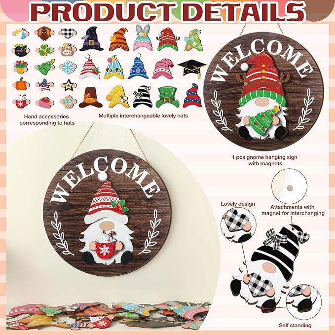 Qunclay Interchangeable Wooden Gnome Decor Holiday Seasonal Gnome Decorations with Magnet Pieces and Detachable Hats Changeable Welcome Sign for Home(Attractive Style)