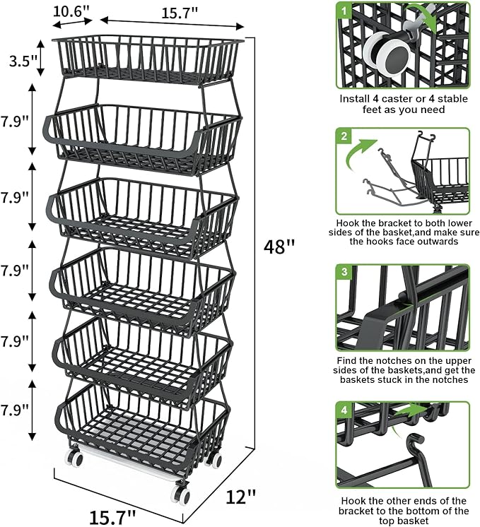 6 Tier Fruit Basket for Kitchen, Fruit and Vegetable Storage Cart Stackable Wire Baskets with Wheels Vegetable Produce Basket Potato Onion Storage Bins Rack for Kitchen Pantry